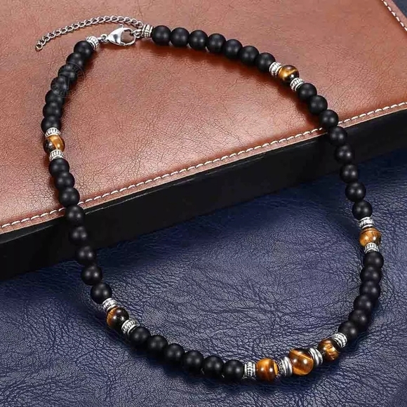 Natural tiger eye and black Stone beaded necklace… - Picture 3 of 5